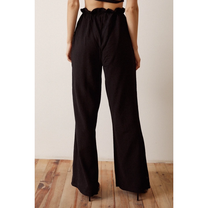 Beli Lastikli Biyeli Yüksek Bel Pantolon Siyah