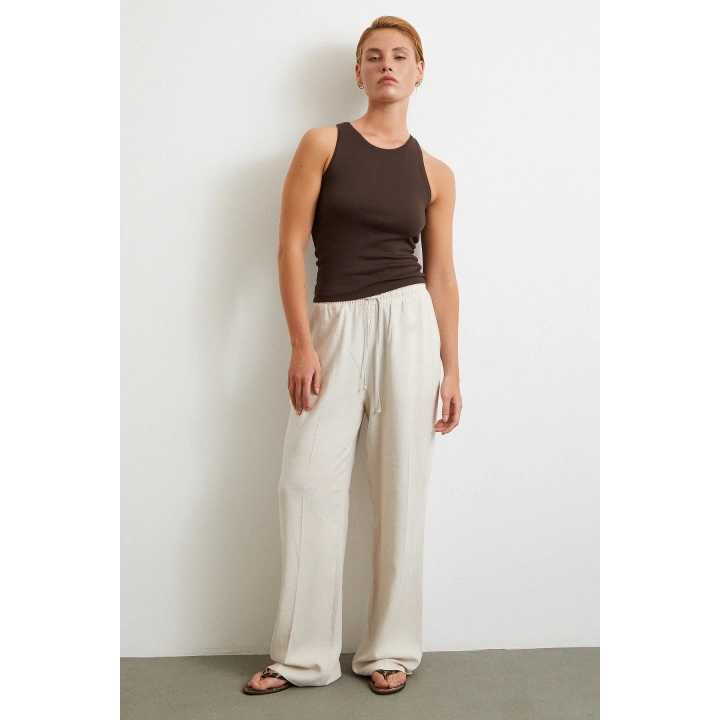 Beli Lastikli Boru Paça Pantolon Bej