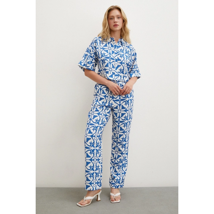 Beli Lastikli Boru Paça Pantolon Mavi