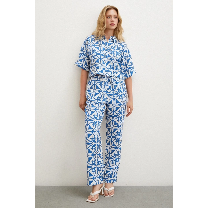 Beli Lastikli Boru Paça Pantolon Mavi