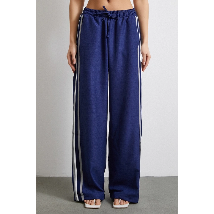 Beli Lastikli Çift Şeritli Pantolon Saks