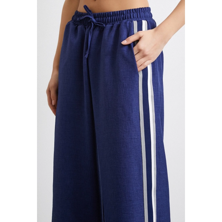 Beli Lastikli Çift Şeritli Pantolon Saks