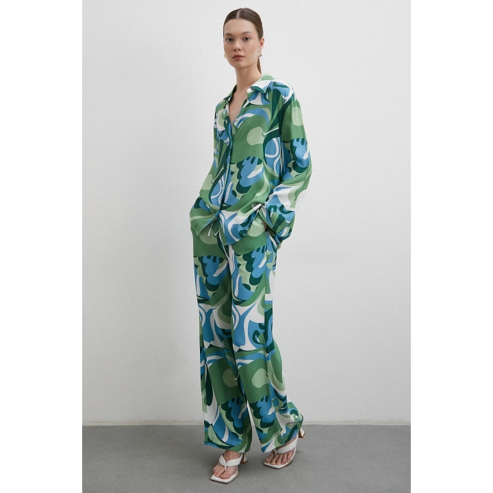 Beli Lastikli Desenli Pantolon Yeşil