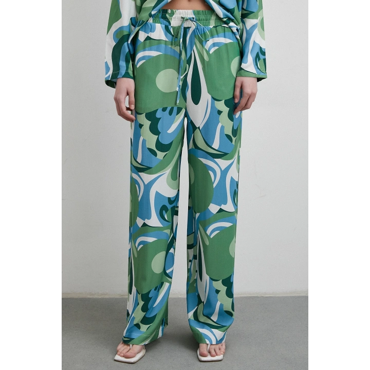 Beli Lastikli Desenli Pantolon Yeşil