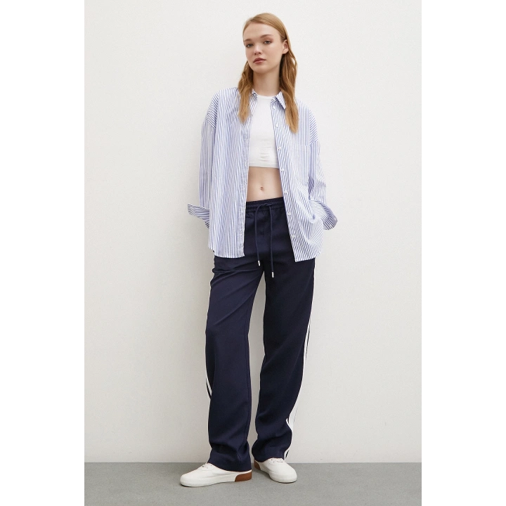 Beli Lastikli İki Şeritli Pantolon Lacivert