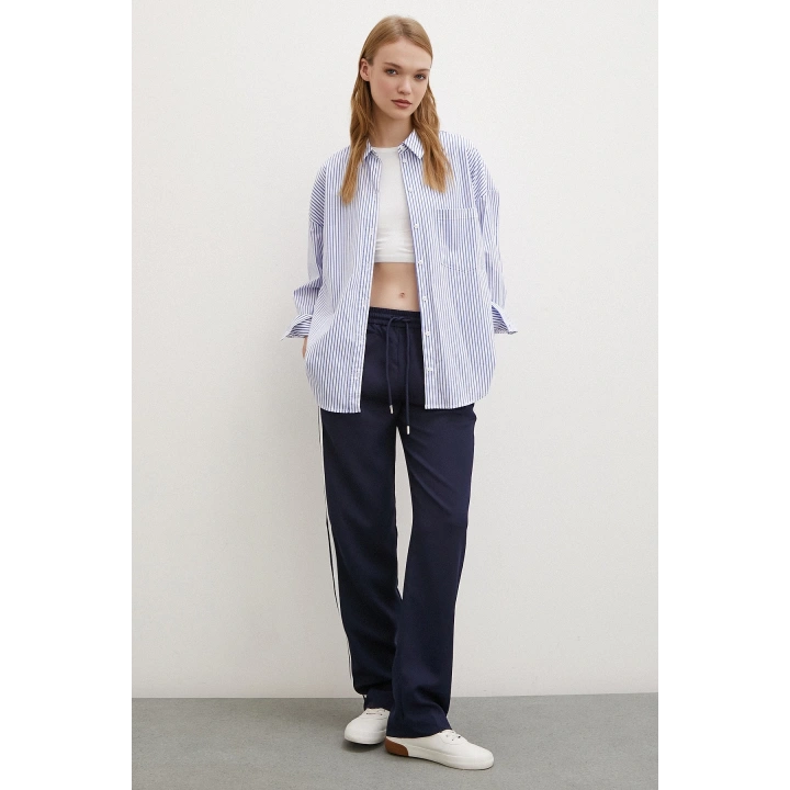 Beli Lastikli İki Şeritli Pantolon Lacivert