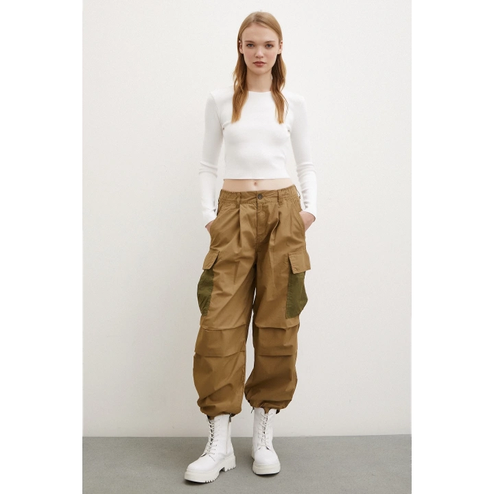 Beli Lastikli Kargo Cepli Paraşüt Pantolon Haki