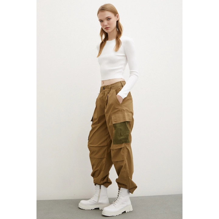 Beli Lastikli Kargo Cepli Paraşüt Pantolon Haki