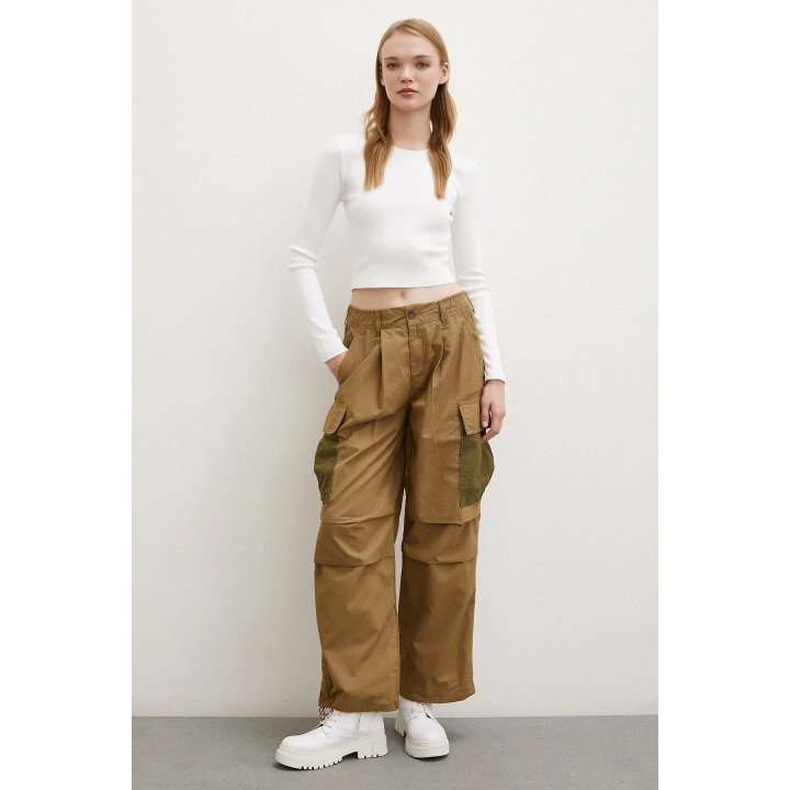 Beli Lastikli Kargo Cepli Paraşüt Pantolon Haki