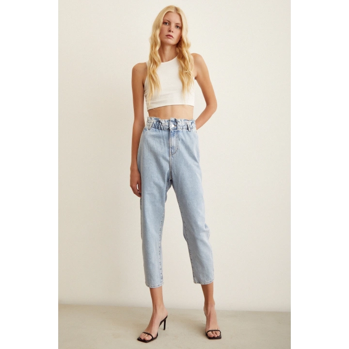 Beli Lastikli Mom Jean Buz Mavisi