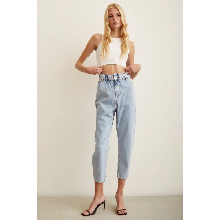 Beli Lastikli Mom Jean Buz Mavisi