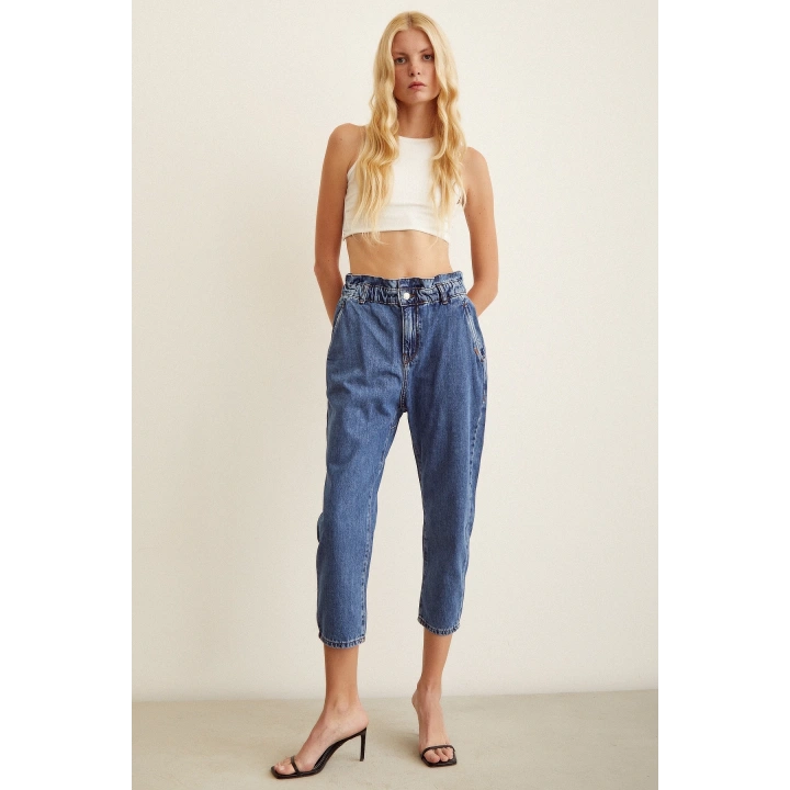 Beli Lastikli Mom Jean Mavi