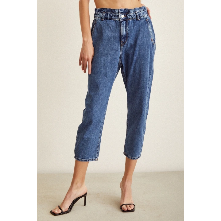 Beli Lastikli Mom Jean Mavi