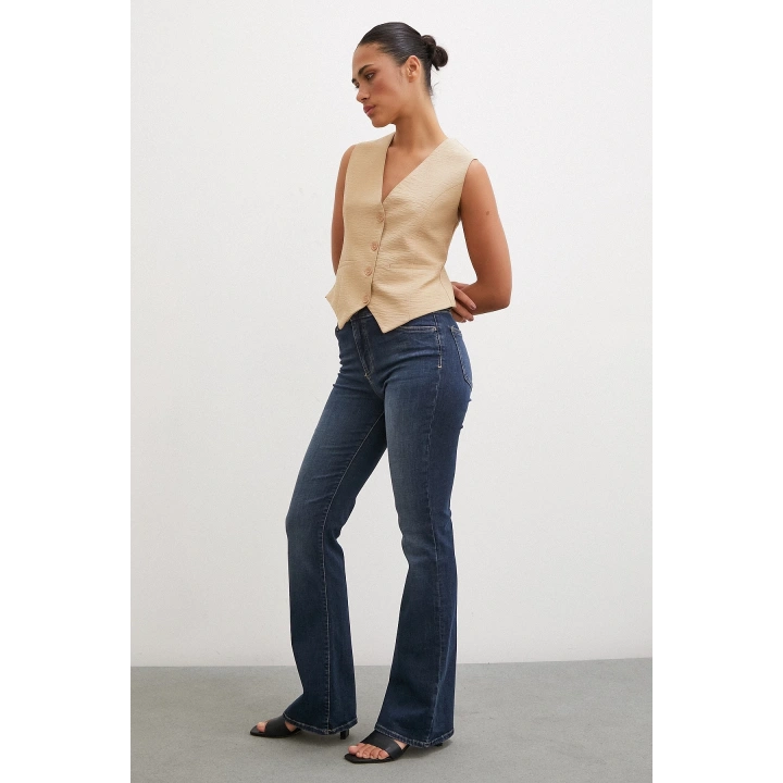 Beş Cepli Yüksel Bel İspanyol Paça Jean Lacivert