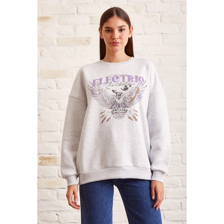 Bisiklet Yaka Baskılı Sweatshirt Kar Melanj