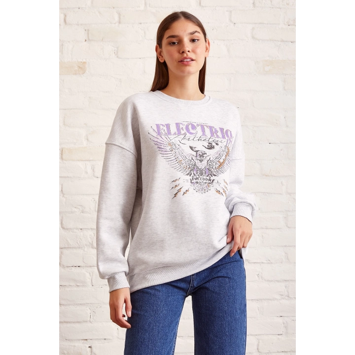 Bisiklet Yaka Baskılı Sweatshirt Kar Melanj