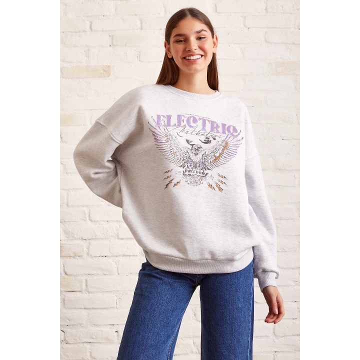 Bisiklet Yaka Baskılı Sweatshirt Kar Melanj