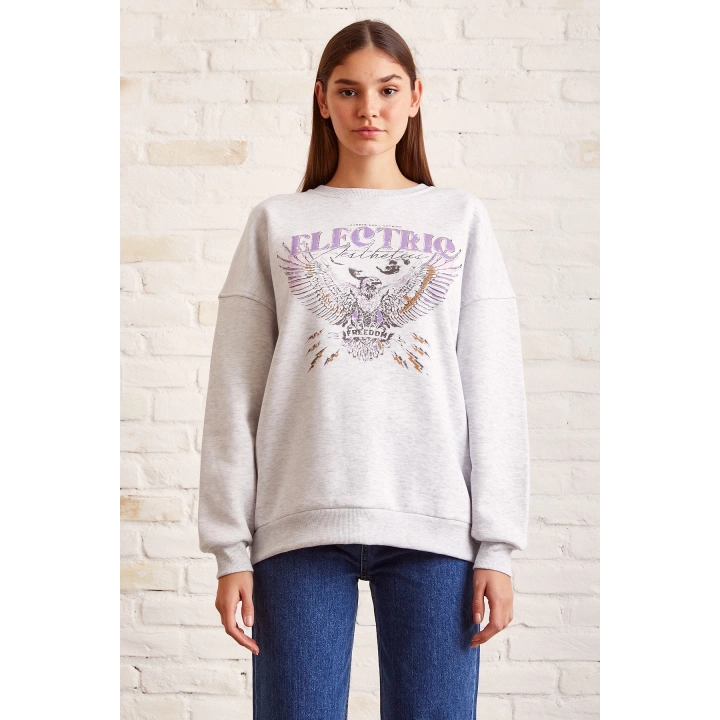 Bisiklet Yaka Baskılı Sweatshirt Kar Melanj