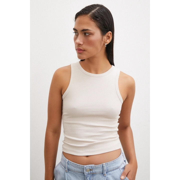 Bisiklet Yaka Top Bej