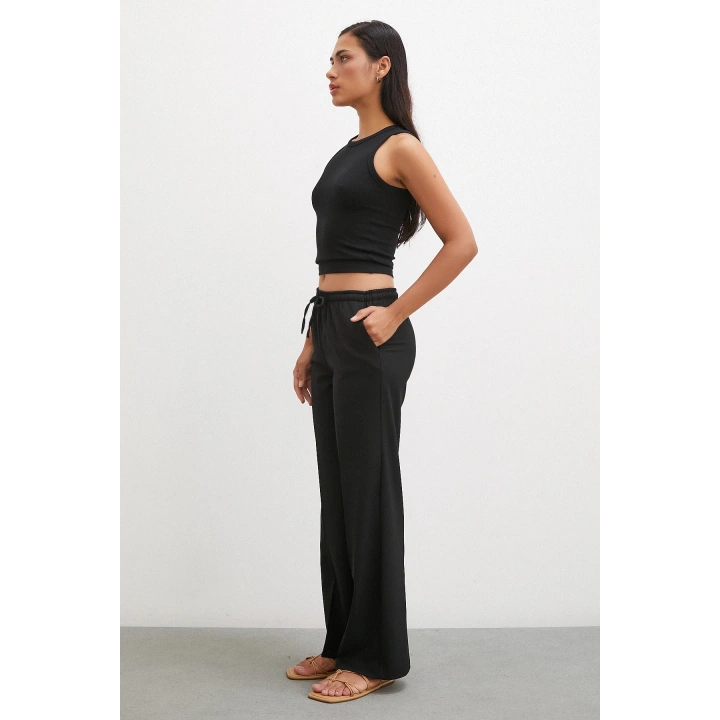 Bol Paça Lastikli Pantolon Siyah