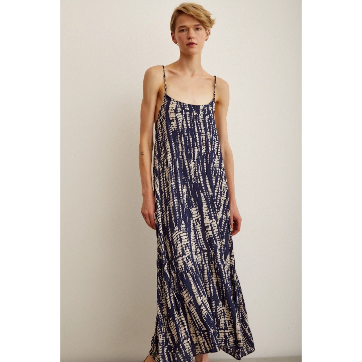 Boncuk Askılı Salaş Elbise Lacivert / Bej