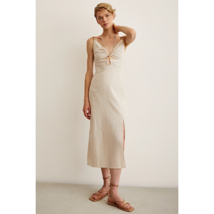 Boncuk Detaylı Askılı Elbise Krem