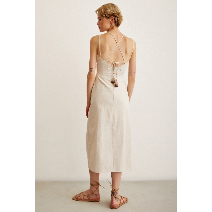 Boncuk Detaylı Askılı Elbise Krem