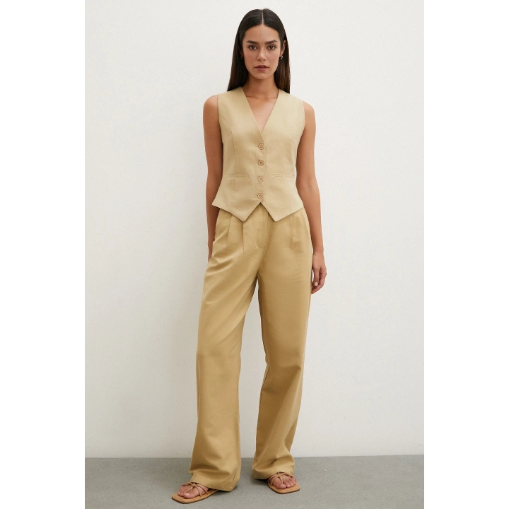 Boru Paça Yüksek Bel Keten Pantolon Camel