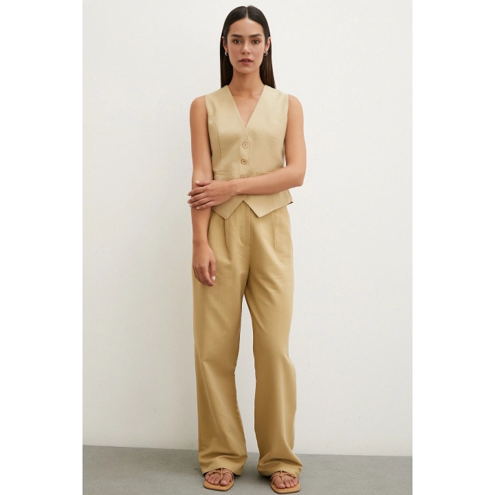 Boru Paça Yüksek Bel Keten Pantolon Camel