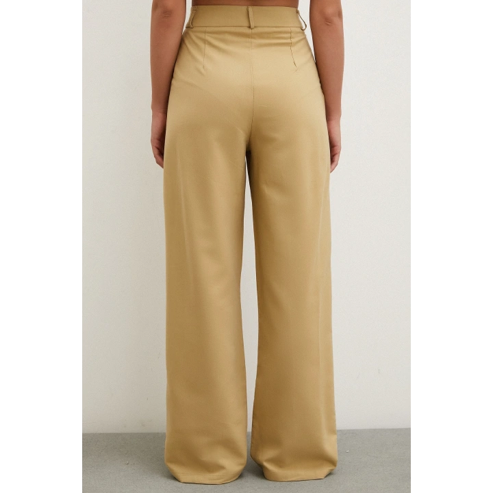 Boru Paça Yüksek Bel Keten Pantolon Camel