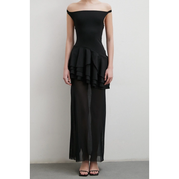 Boyun Askılı Fırfırlı Tül Elbise Siyah