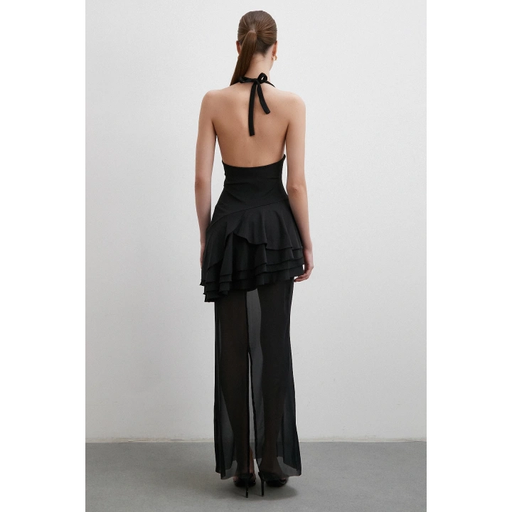 Boyun Askılı Fırfırlı Tül Elbise Siyah