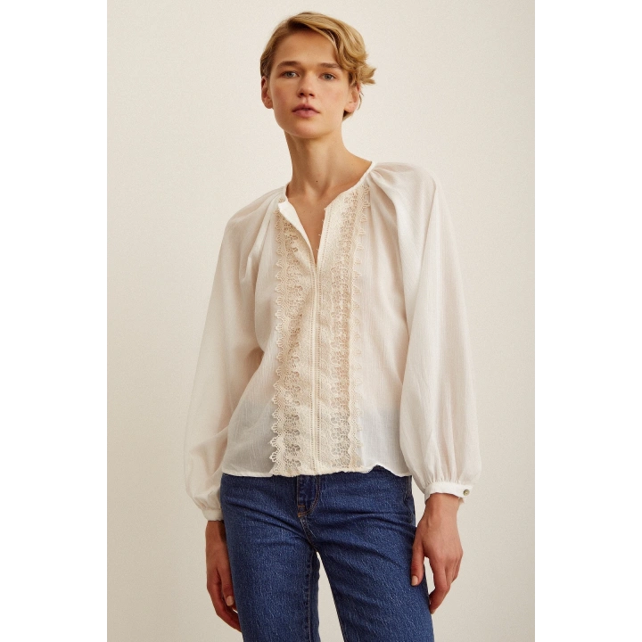 Brodeli V Yaka Bluz Beyaz