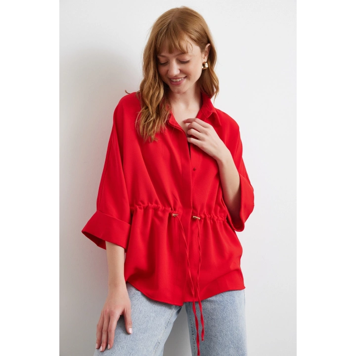 Büzgülü Kimono Gömlek Kırmızı