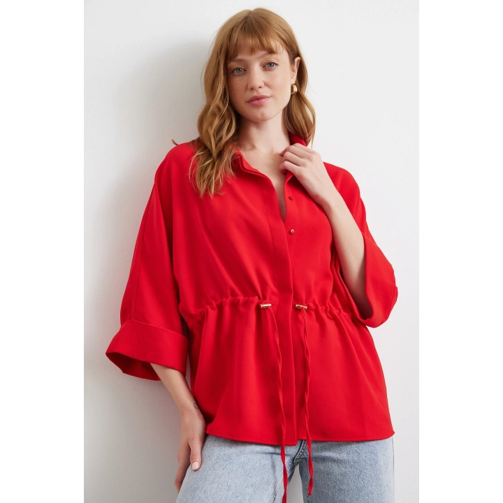 Büzgülü Kimono Gömlek Kırmızı