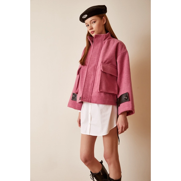 Cep Detaylı Bağcıklı Crop Ceket Pembe