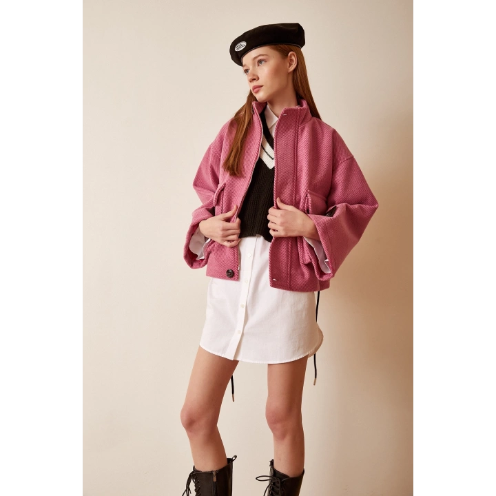 Cep Detaylı Bağcıklı Crop Ceket Pembe