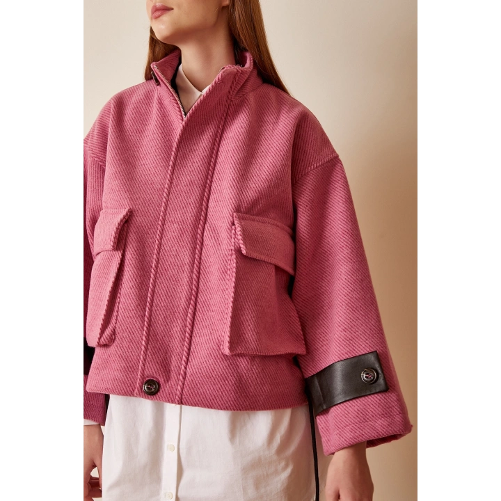 Cep Detaylı Bağcıklı Crop Ceket Pembe