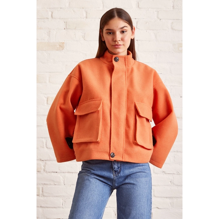 Cep Detaylı Bağcıklı Crop Ceket Turuncu