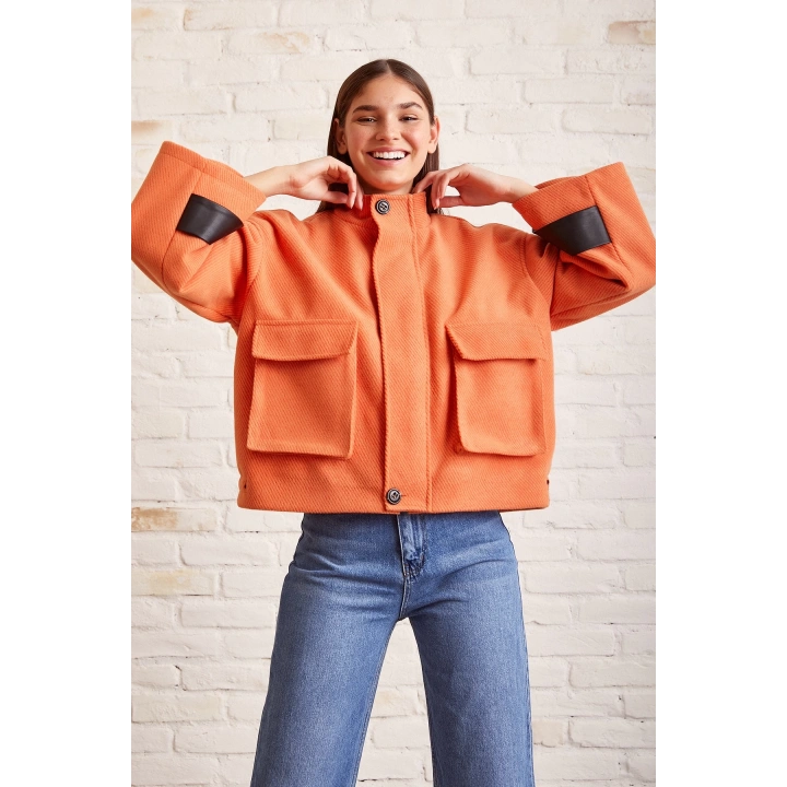 Cep Detaylı Bağcıklı Crop Ceket Turuncu