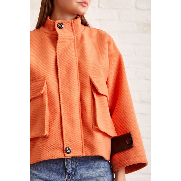 Cep Detaylı Bağcıklı Crop Ceket Turuncu