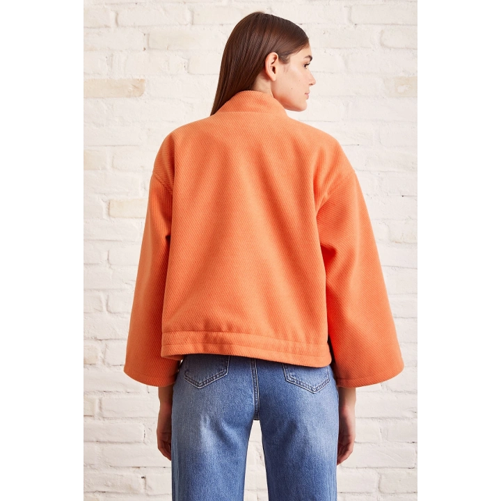 Cep Detaylı Bağcıklı Crop Ceket Turuncu
