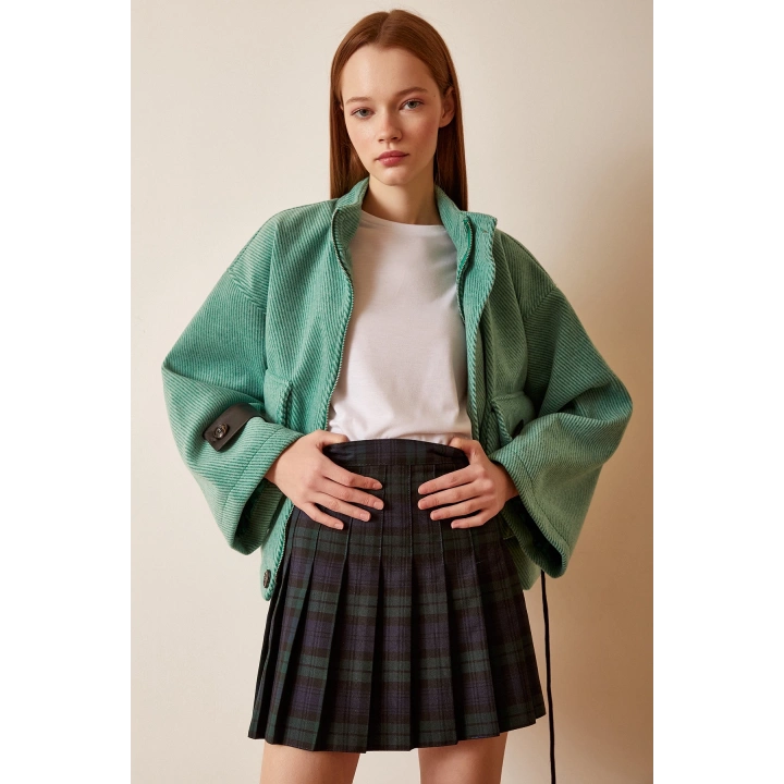 Cep Detaylı Bağcıklı Crop Ceket Yeşil