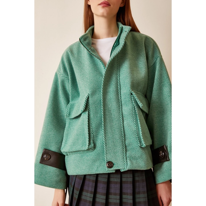 Cep Detaylı Bağcıklı Crop Ceket Yeşil