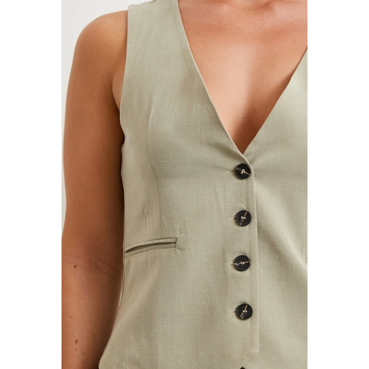 Cep Kapaklı Keten Yelek Gri