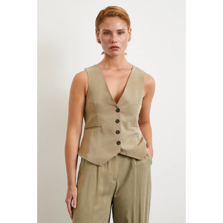 Cep Kapaklı Keten Yelek Haki