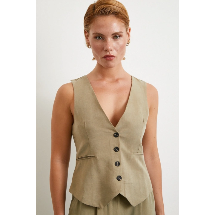 Cep Kapaklı Keten Yelek Haki