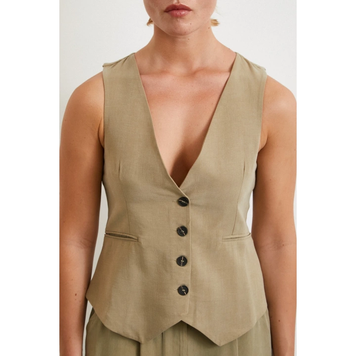 Cep Kapaklı Keten Yelek Haki