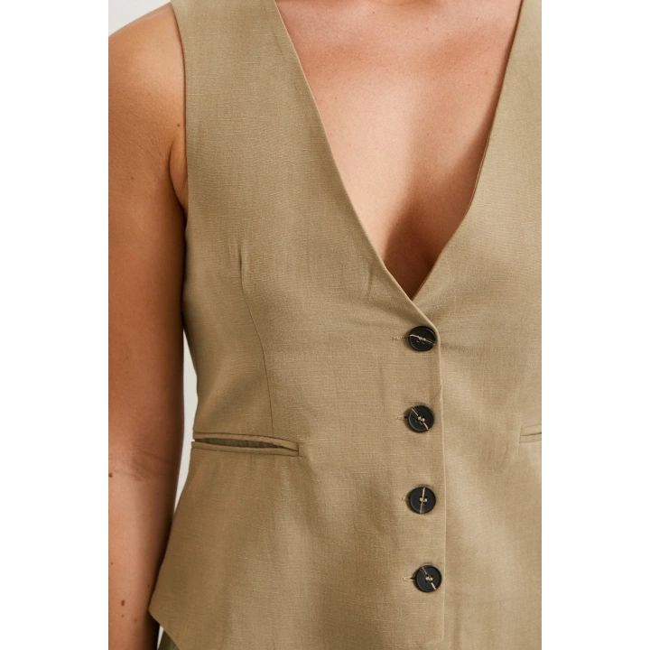 Cep Kapaklı Keten Yelek Haki
