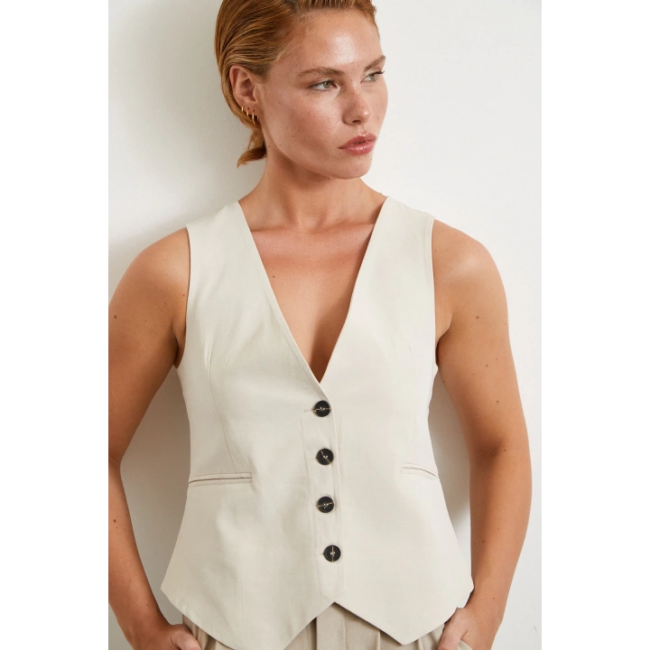 Cep Kapaklı Keten Yelek Krem